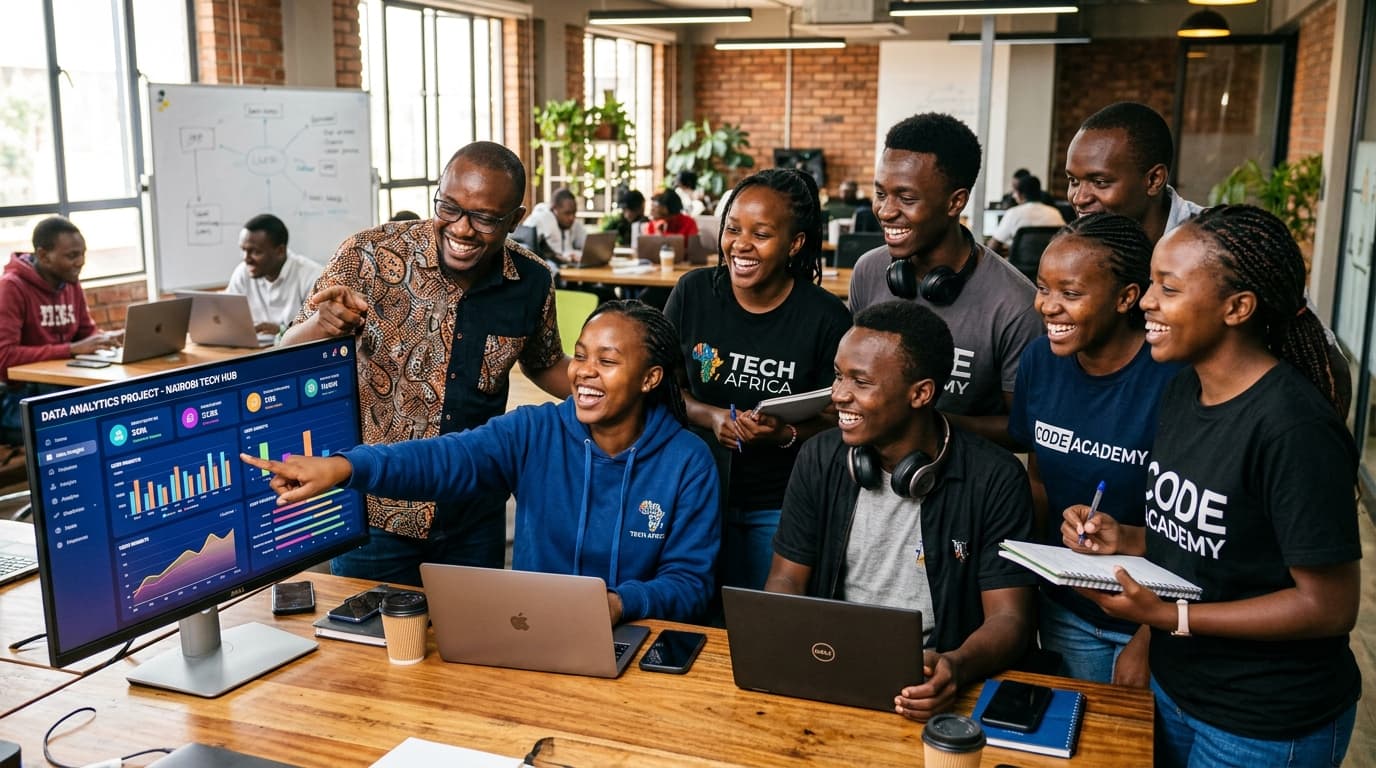 African technology students and mentors in a live data session
